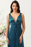 Vestido de Dama de Honor Satín Azul Tinta