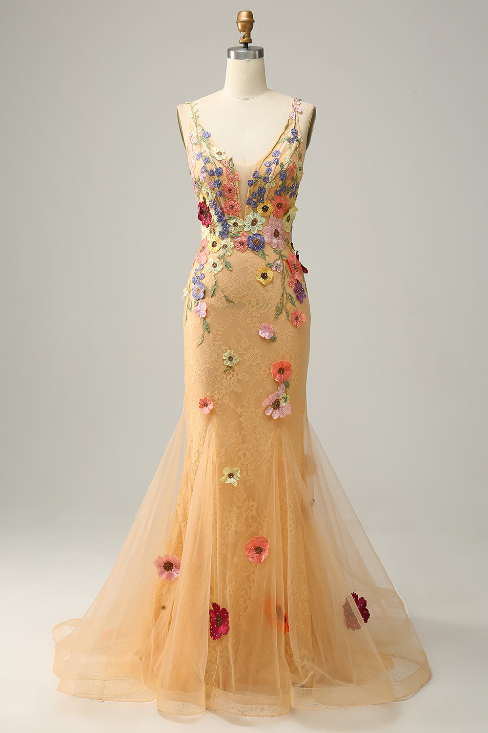 Sirena Cuello en V Champán Vestido de Fiesta Con Apliques