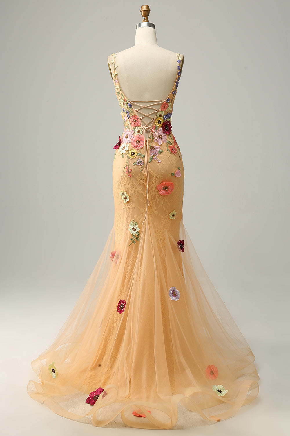 Sirena Cuello en V Champán Vestido de Fiesta Con Apliques