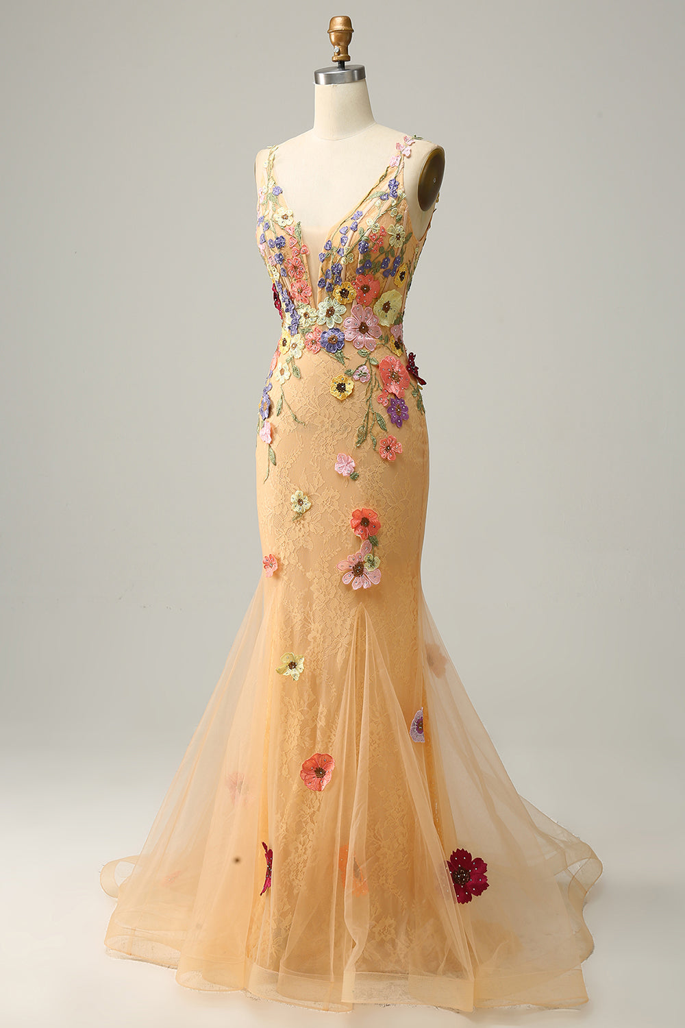 Sirena Cuello en V Champán Vestido de Fiesta Con Apliques
