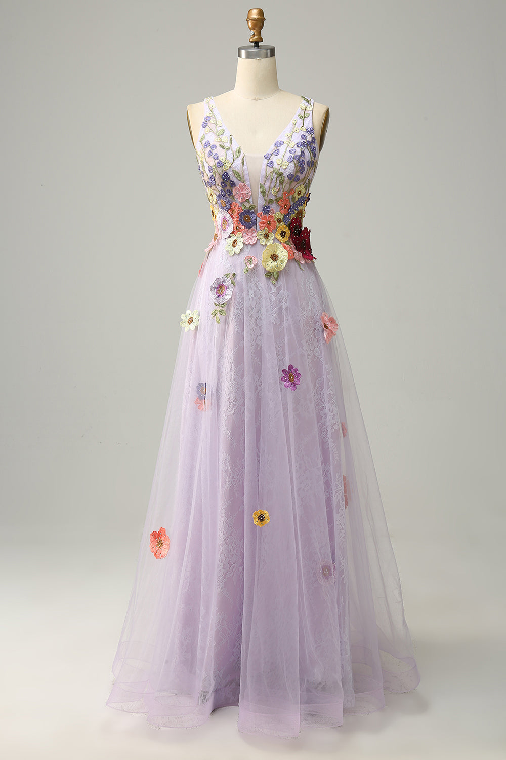 A Línea V Cuello Púrpura Vestido de Graduación Con Apliques
