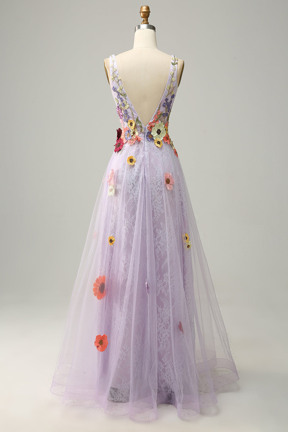 A Línea V Cuello Púrpura Vestido de Graduación Con Apliques