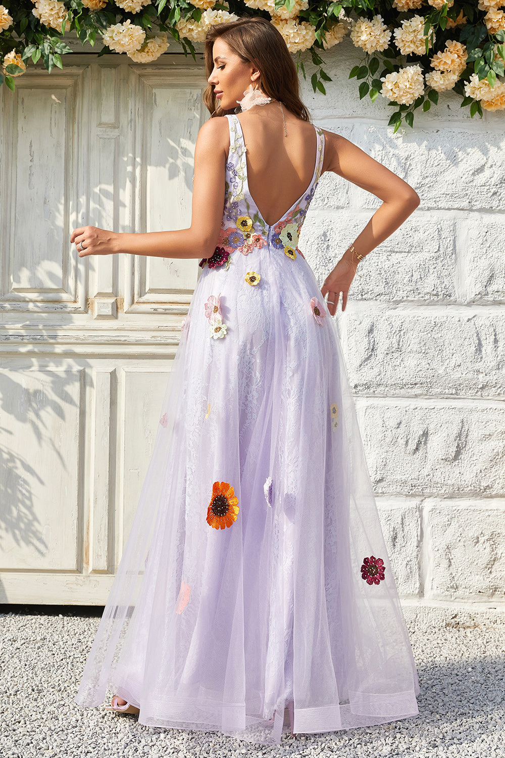 A Línea V Cuello Vestido Largo de Graduación Con Espalda Abierta