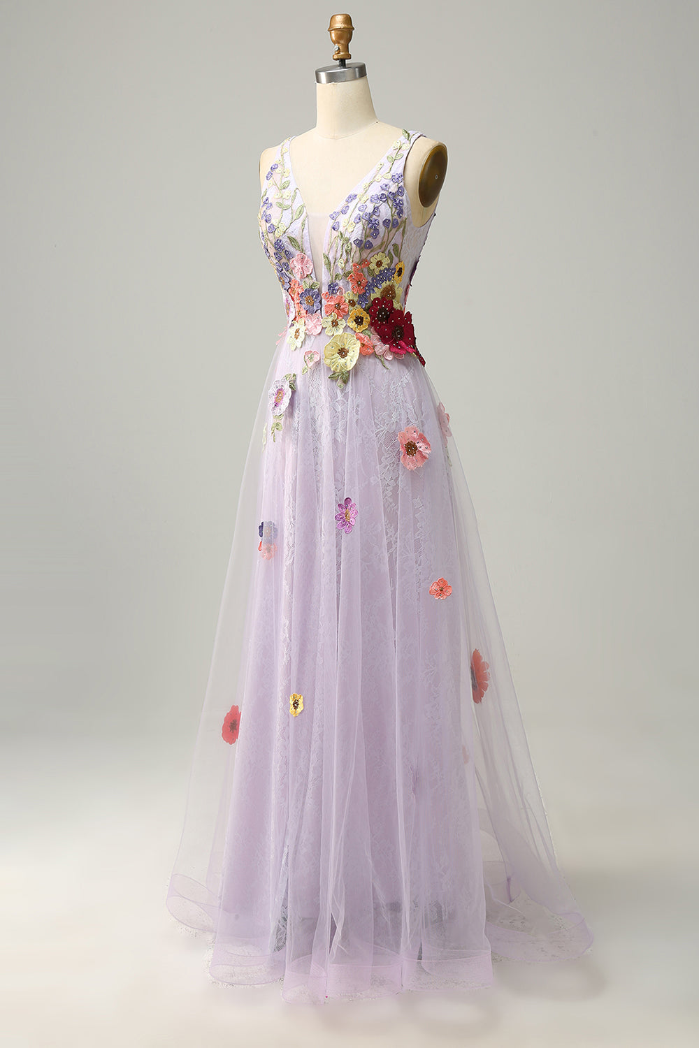 A Línea V Cuello Púrpura Vestido de Graduación Con Apliques