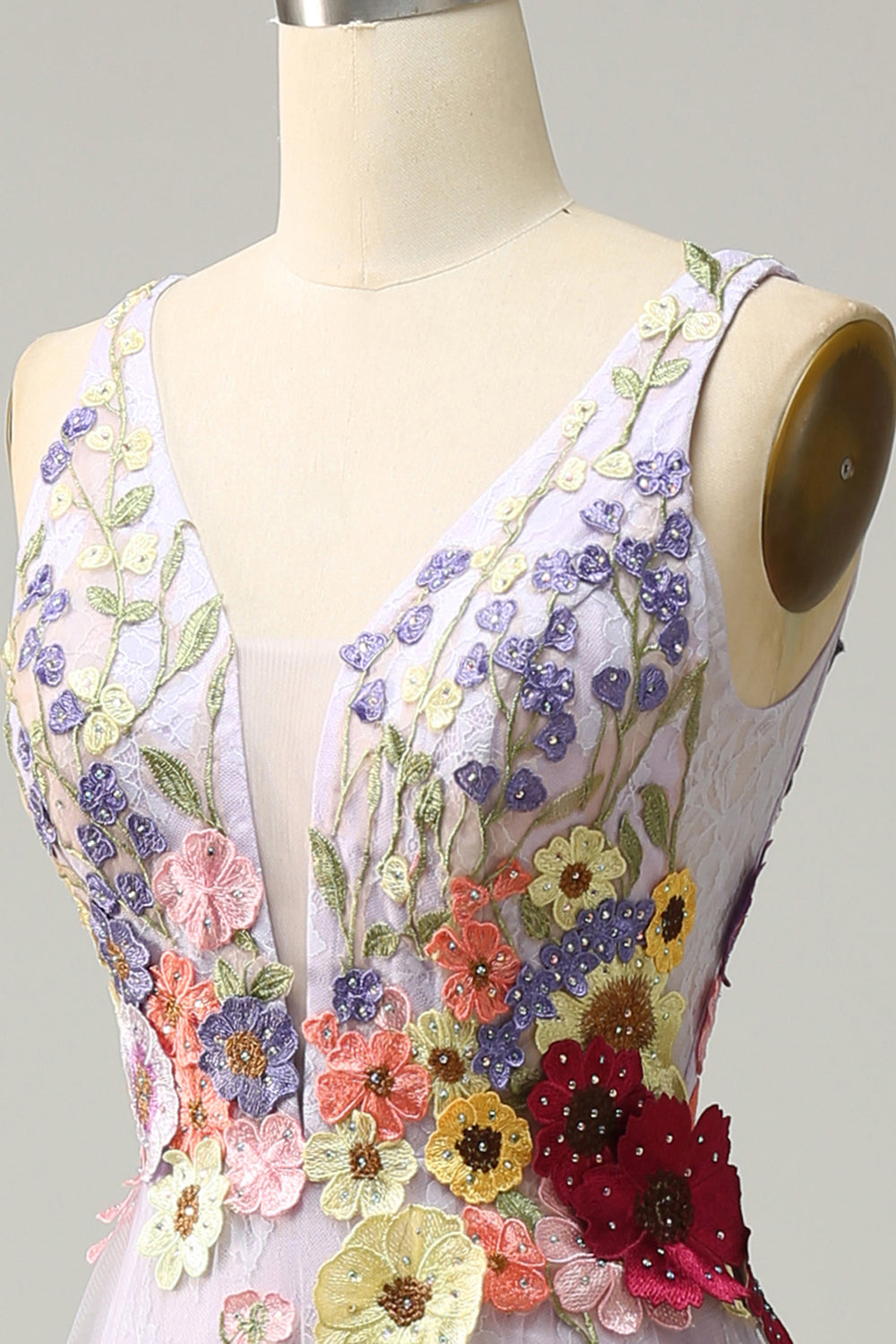 A Línea V Cuello Púrpura Vestido de Graduación Con Apliques