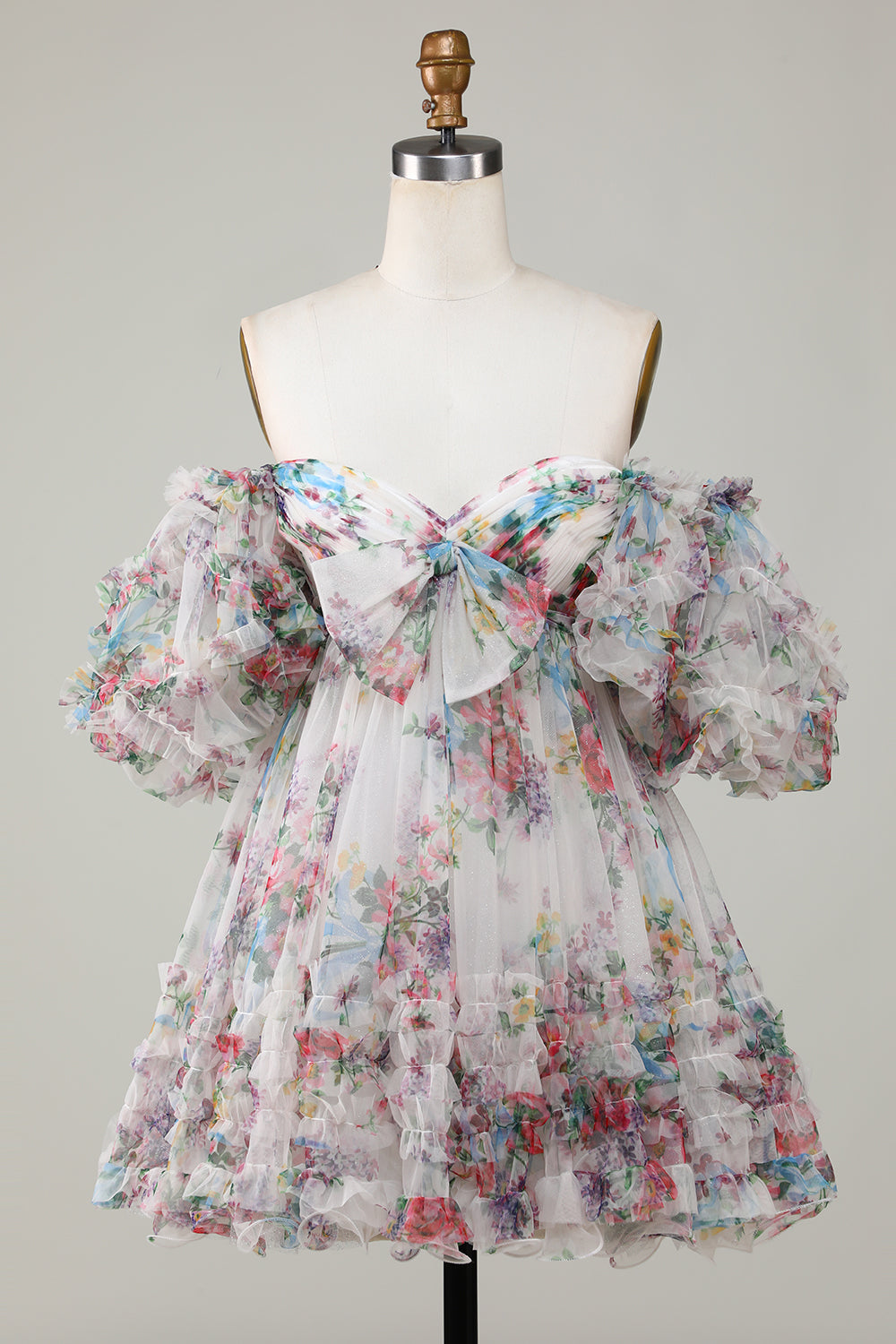 Marfil Floral estampado A-Line Mangas Aff Mangas Tul corto Vestido de bienvenida
