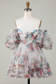 Marfil Floral estampado A-Line Mangas Aff Mangas Tul corto Vestido de bienvenida