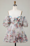 Marfil Floral estampado A-Line Mangas Aff Mangas Tul corto Vestido de bienvenida