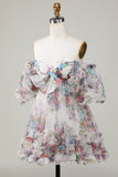 Marfil Floral estampado A-Line Mangas Aff Mangas Tul corto Vestido de bienvenida