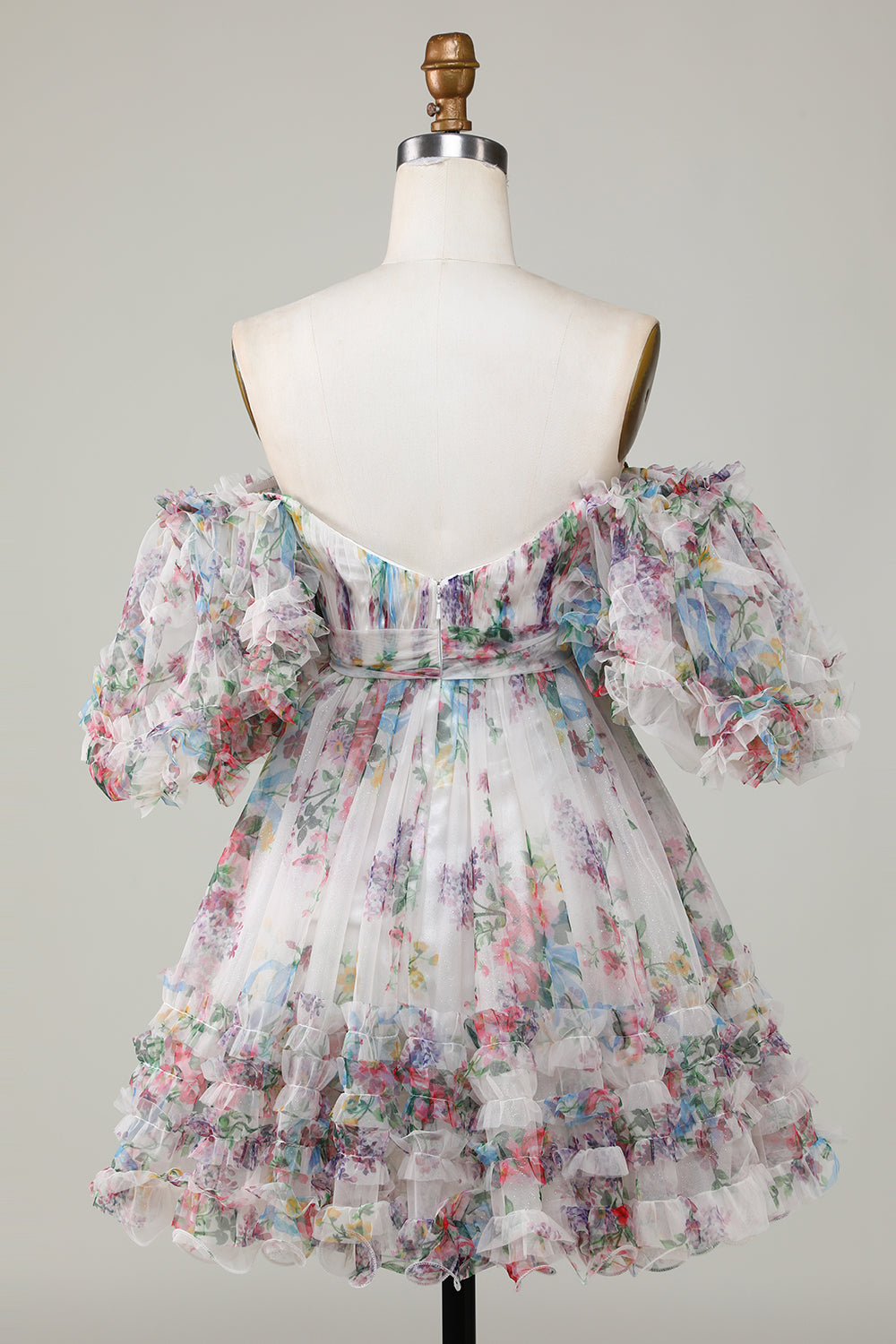 Marfil Floral estampado A-Line Mangas Aff Mangas Tul corto Vestido de bienvenida