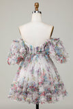 Marfil Floral estampado A-Line Mangas Aff Mangas Tul corto Vestido de bienvenida