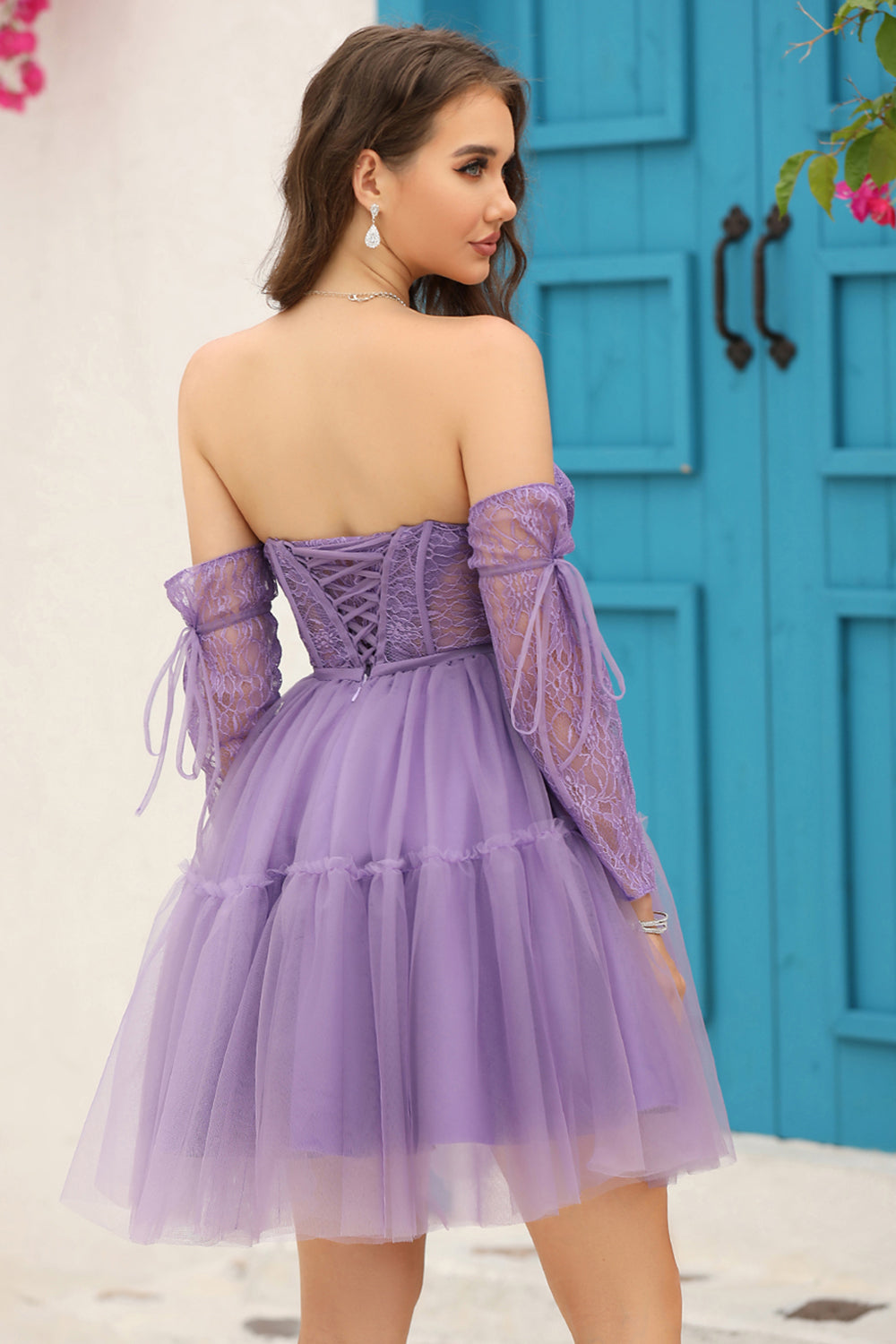 Púrpura Mangas Largas A-Línea Vestido de Cóctel