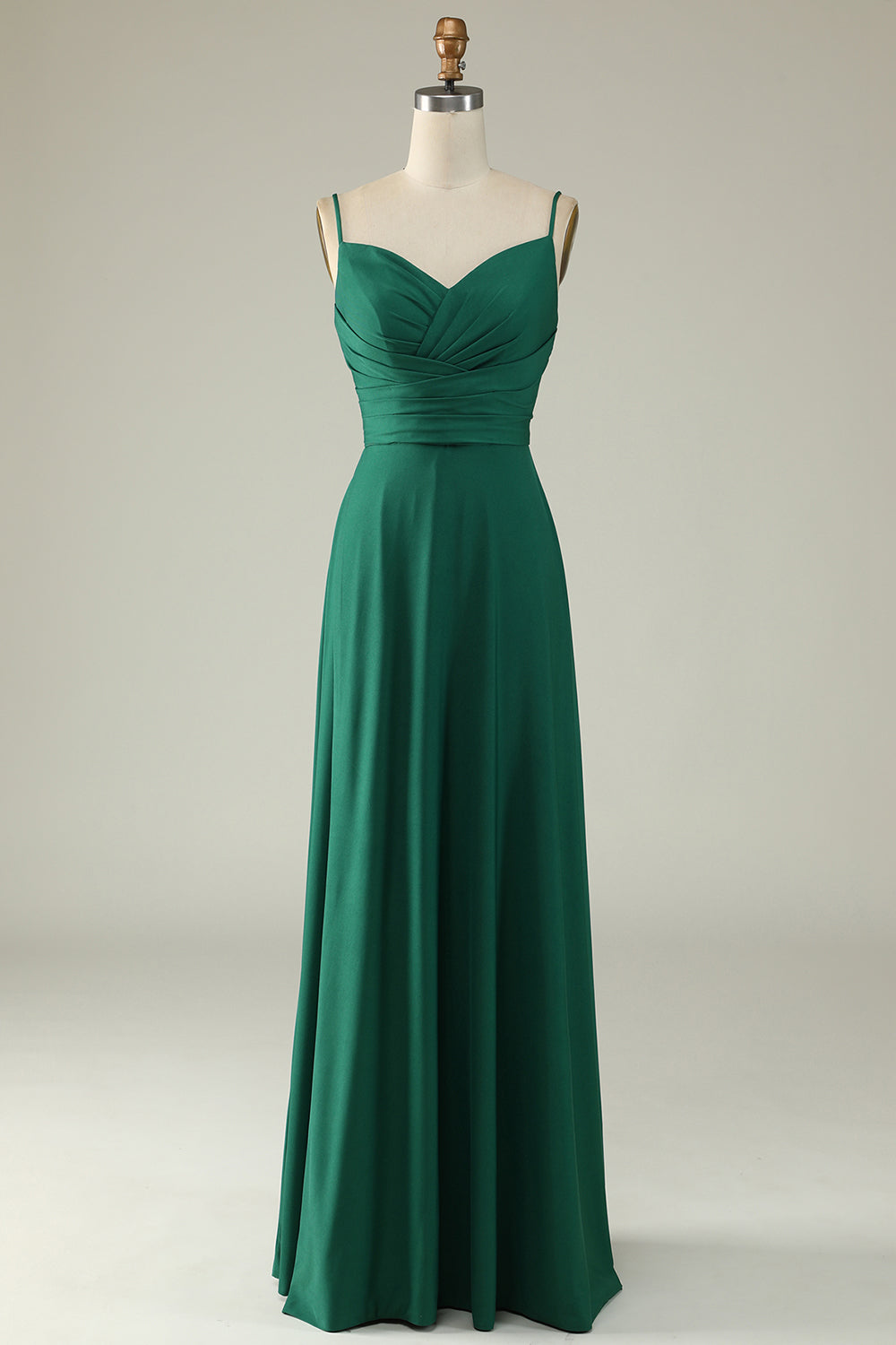 A Línea Correas de Espagueti Verde Oscuro Vestido de Dama de Honor