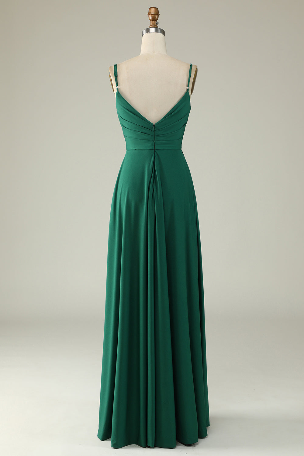 A Línea Correas de Espagueti Verde Oscuro Vestido de Dama de Honor