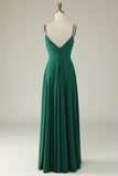 A Línea Correas de Espagueti Verde Oscuro Vestido de Dama de Honor