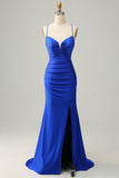 Sirena Tirantes de Espagueti Azul Real Vestido de Fiesta Con Cuentas