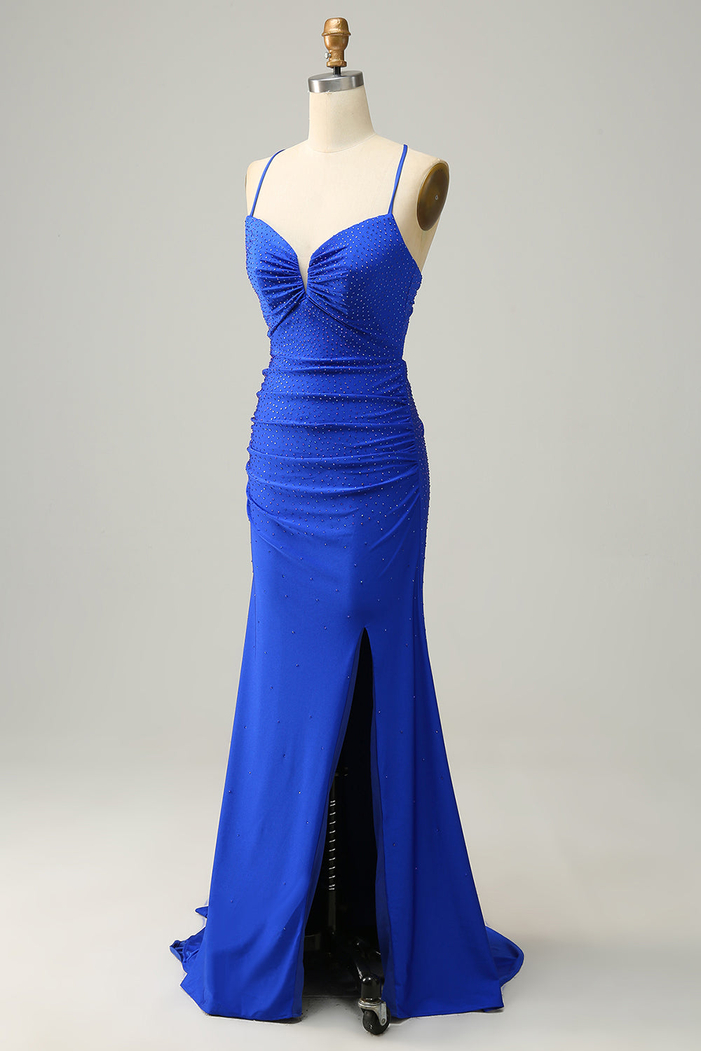 Sirena Tirantes de Espagueti Azul Real Vestido de Fiesta Con Cuentas