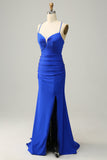 Sirena Tirantes de Espagueti Azul Real Vestido de Fiesta Con Cuentas