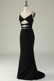 Sirena Tirantes de Espagueti Negro Vestido de Fiesta