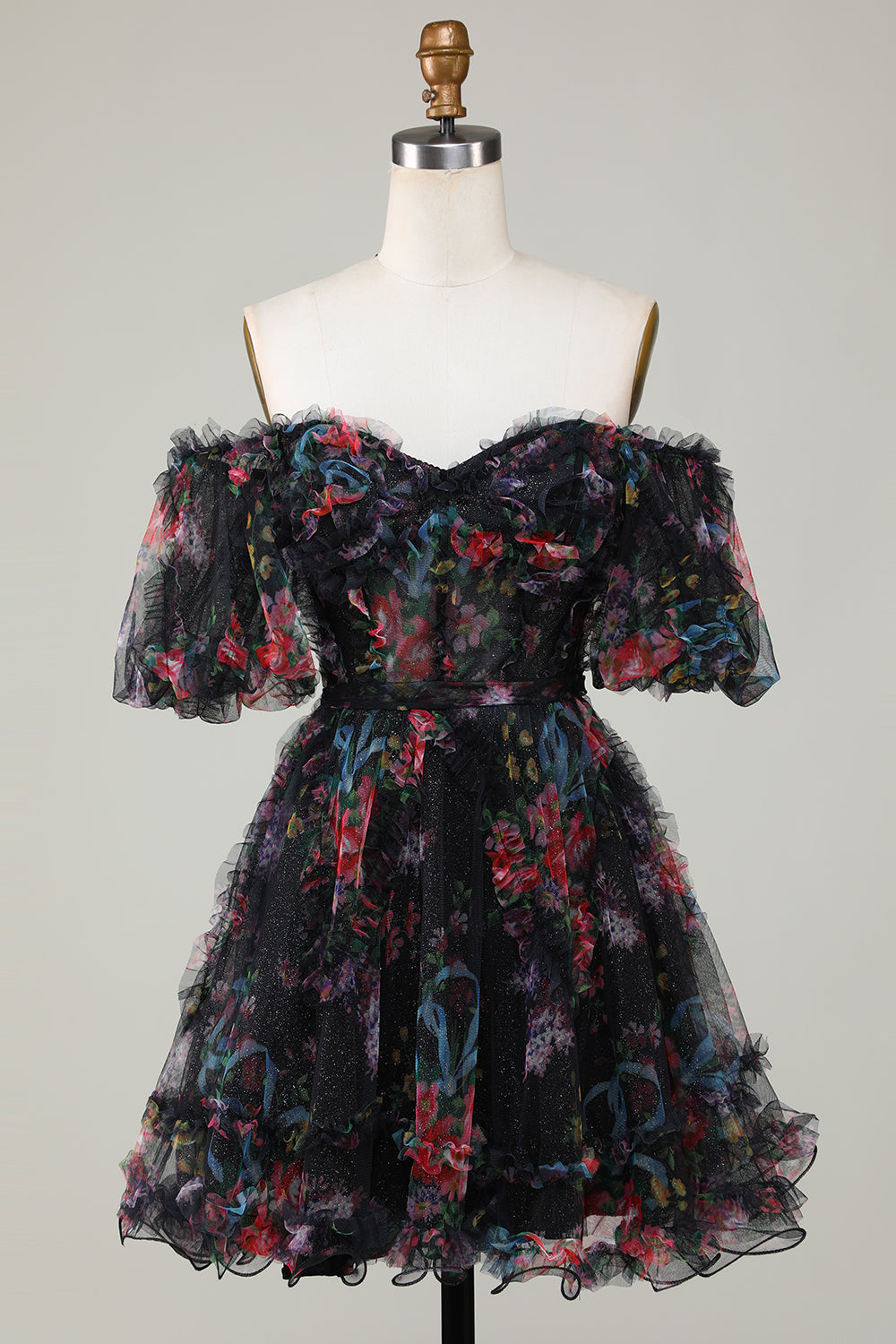Hermosa una línea fuera del hombro Dusty Rose Tulle Short Homecoming Dress con mangas cortas