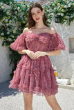 Hermosa una línea fuera del hombro Fucsia Tul Vestido corto de bienvenida con mangas cortas