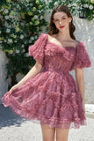Hermosa una línea fuera del hombro Dusty Rose Tulle Short Homecoming Dress con mangas cortas
