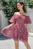 Hermosa una línea fuera del hombro Dusty Rose Tulle Short Homecoming Dress con mangas cortas