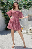 Hermosa una línea fuera del hombro Dusty Rose Tulle Short Homecoming Dress con mangas cortas