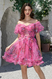 Hermosa una línea fuera del hombro Fucsia Tul Vestido corto de bienvenida con mangas cortas