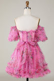 Hermosa una línea fuera del hombro Dusty Rose Tulle Short Homecoming Dress con mangas cortas