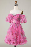 Hermosa una línea fuera del hombro Dusty Rose Tulle Short Homecoming Dress con mangas cortas