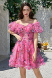 Hermosa una línea fuera del hombro Fucsia Tul Vestido corto de bienvenida con mangas cortas