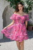 Hermosa una línea fuera del hombro Fucsia Tul Vestido corto de bienvenida con mangas cortas