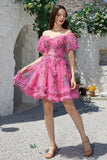 Hermosa una línea fuera del hombro Dusty Rose Tulle Short Homecoming Dress con mangas cortas