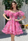 Hermosa una línea fuera del hombro Dusty Rose Tulle Short Homecoming Dress con mangas cortas