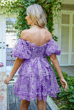 Hermosa una línea fuera del hombro Dusty Rose Tulle Short Homecoming Dress con mangas cortas