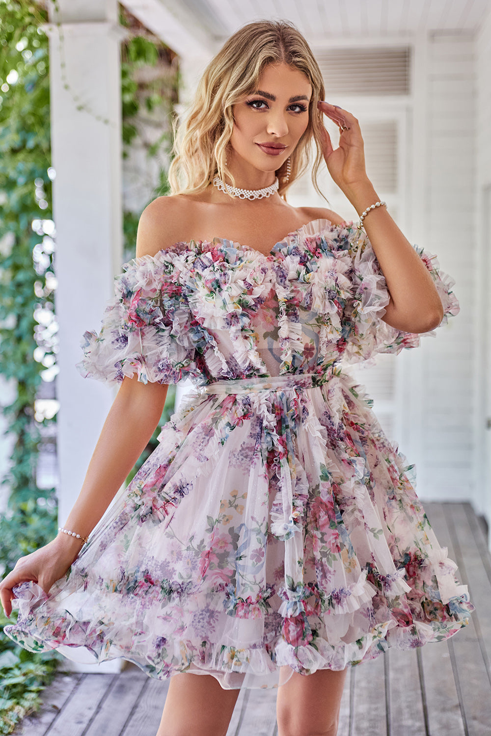 Off the Shoulder A Line Printed Lindo vestido de bienvenida