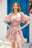 A Línea Fuera del Hombro Flor Rojo Marfil Estampado Vestido de Cocktail