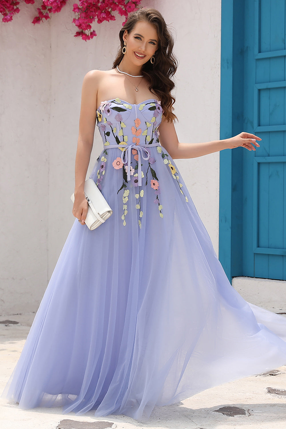 Lavenda A Línea Escote Corazón Vestido de Fiesta con Apliques