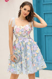 Azul A-Línea Vestido Corto de Cóctel Con Flores 3D