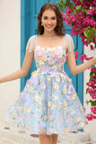 Azul A-Línea Vestido Corto de Cóctel Con Flores 3D