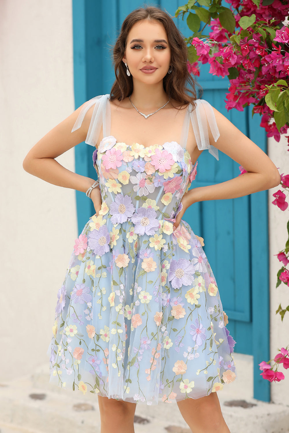 A Línea Correas de Espagueti Púrpura Vestido de Cóctel Con Flores 3D