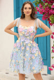 Azul A-Línea Vestido Corto de Cóctel Con Flores 3D