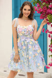 Azul A-Línea Vestido Corto de Cóctel Con Flores 3D