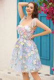 Azul A-Línea Vestido Corto de Cóctel Con Flores 3D