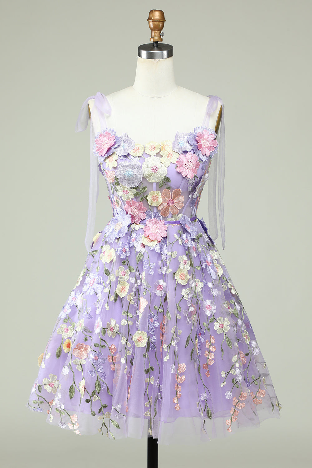 A Línea Correas de Espagueti Púrpura Vestido de Cóctel Con Flores 3D