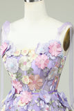 A Línea Correas de Espagueti Púrpura Vestido de Cóctel Con Flores 3D