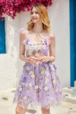 Vestido de bienvenida de corsé lindo púrpura con flores en 3D