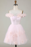 Vestido Corto de Cóctel Con Flores Rosa