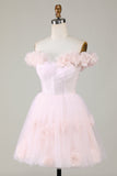 Vestido Corto de Cóctel Con Flores Rosa